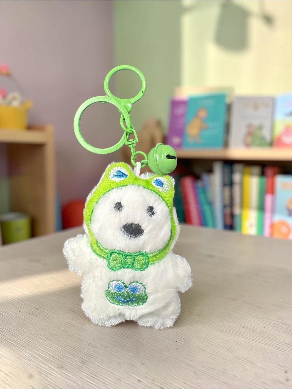 Cute White Plush Bear Keychain with Green Frog Hood and Bell